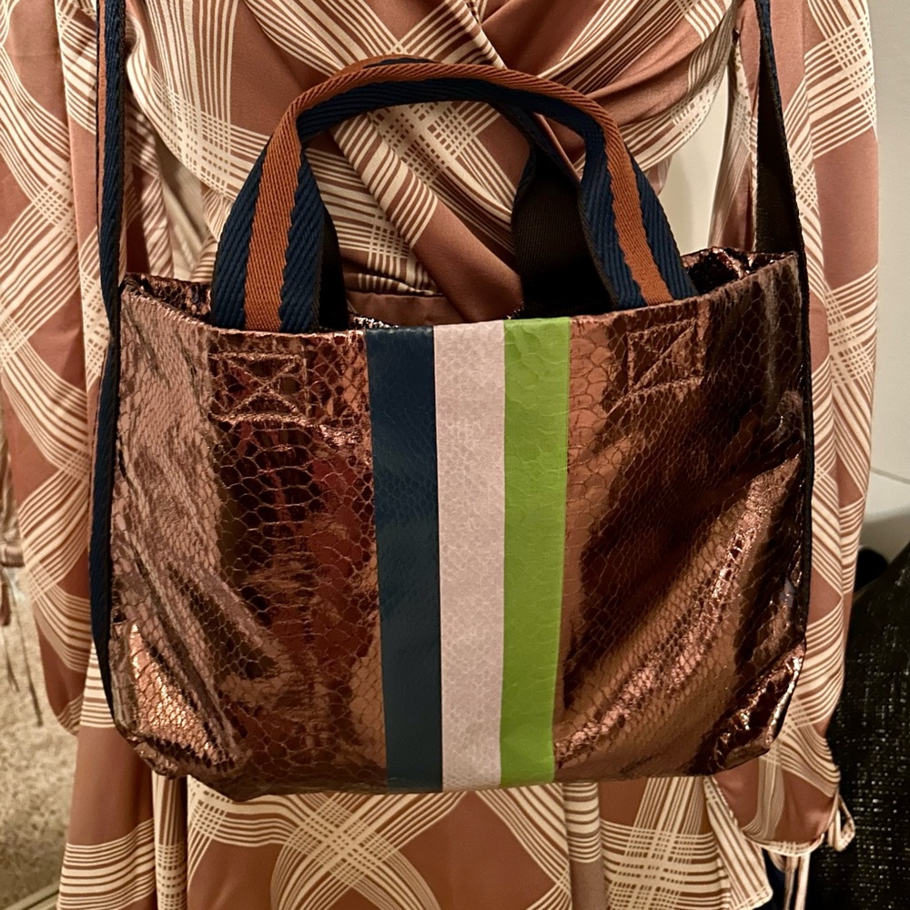 Son Jung Wan in a bronze reptile print, with a canvas strap in brown/navy. NWOT